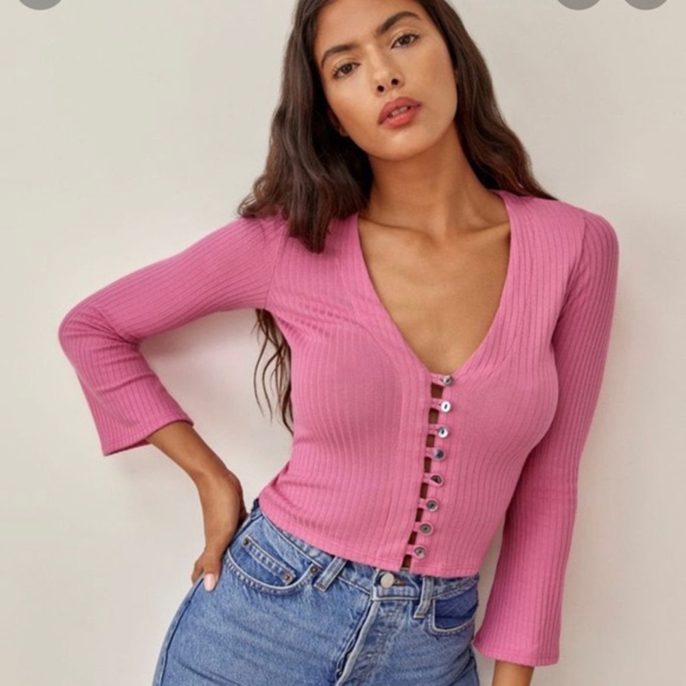 Reformation Pink Ribbed Button-Up Top